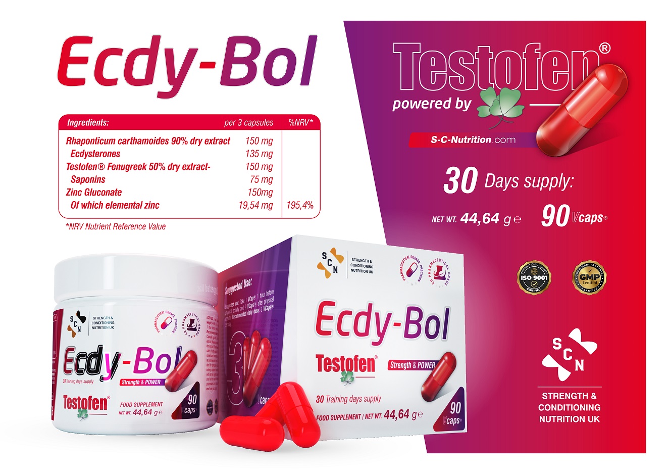 टेस्टोस्टेरोन और शक्ति बूस्टर Ecdy-Bol 90 Vcaps तालिका छवि SC-पोषण द्वारा।